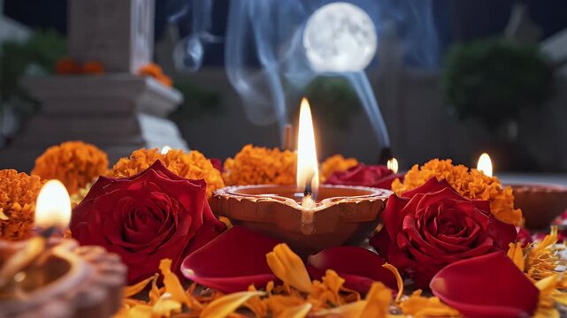 Purnima Vrat Night with Lamps and Flowers Under Moonlight in Sacred Calm Mood