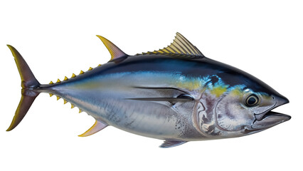Yellowfin tuna fish PNG isolated on transparent background, saltwater game fish with vibrant yellow fins and sleek silver body