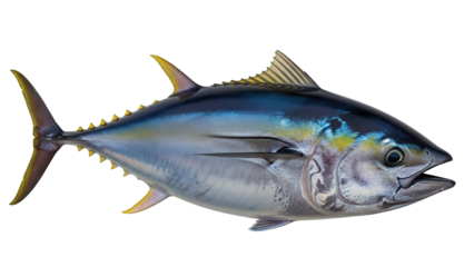 Yellowfin tuna fish PNG isolated on transparent background, saltwater game fish with vibrant yellow fins and sleek silver body