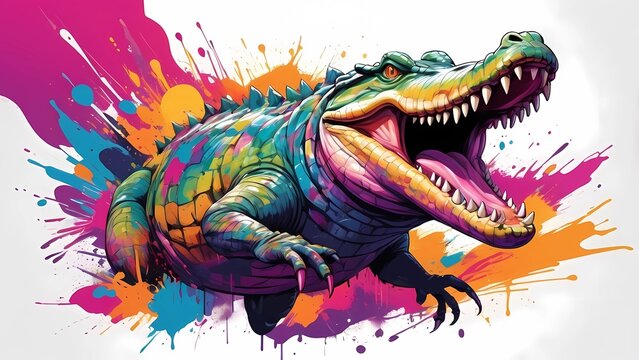 Vibrant cartoon crocodile with colorful paint splashes