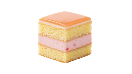 Delicious square cake with pink cream filling and orange glaze isolated PNG, sweet dessert for patisserie and confectionery design