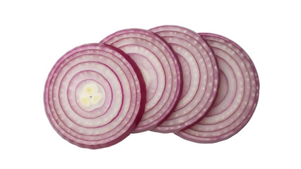 Sliced red onion rings isolated PNG on transparent background, fresh vegetable ingredient for cooking and salad preparation
