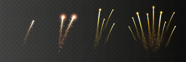 set of isolated vector fireworks on transparent background.