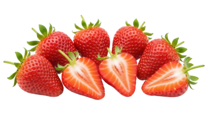 Fresh red strawberries isolated PNG, whole and halved on transparent background, healthy fruit for summer desserts and snacks