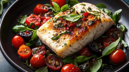 Pan-seared fish with cherry tomatoes, basil, recipe, food photography, healthy meal