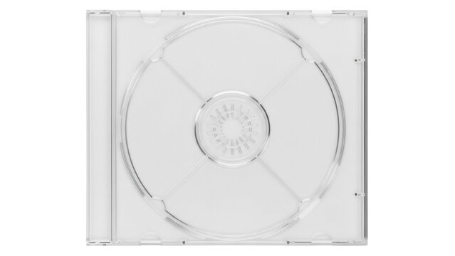 Transparent CD jewel case isolated PNG, empty compact disc box for music album or software packaging on transparent background