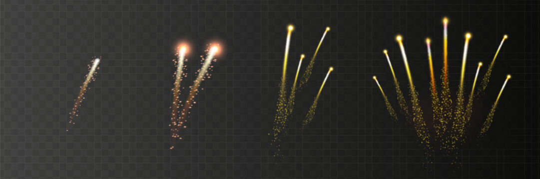 set of isolated vector fireworks on transparent background.