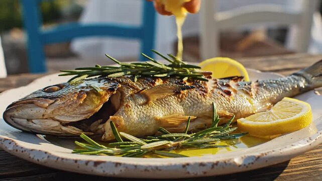 Grilled fish with lemon and herbs on plate outdoors