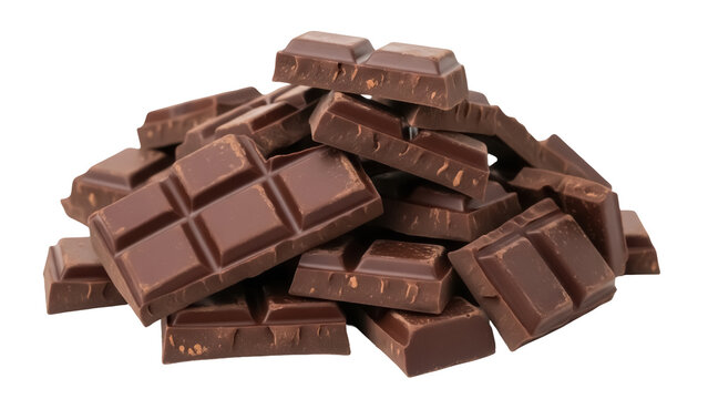 Pile of milk chocolate squares isolated PNG on transparent background, sweet dessert treat for baking and confectionery use