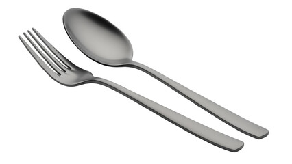 Modern silver fork and spoon isolated PNG, elegant cutlery set for dining and kitchenware design on...