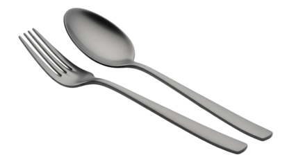 Modern silver fork and spoon isolated PNG, elegant cutlery set for dining and kitchenware design on transparent background