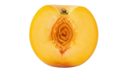 Half of a yellow peach isolated PNG, juicy fruit cut in half with visible pit, healthy eating and summer harvest concept