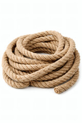 Obraz premium Coiled natural fiber rope resting on a plain white surface, showcasing its texture and strength in a simple, clean composition. Studio shot.