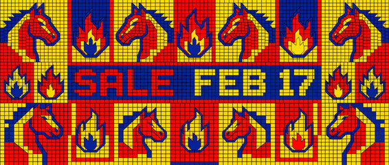 Celebrating Lunar New Year 2026 Year of the Fire Horse Sale with vibrant horse illustrations on February 17