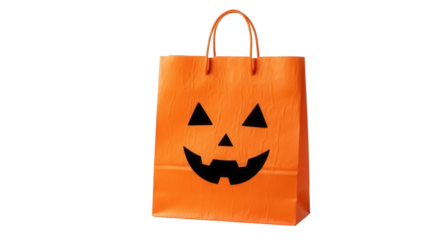 Orange Halloween pumpkin face paper bag isolated PNG, trick or treat container for candy and party favors on transparent background