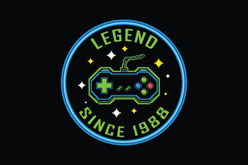 Retro gaming badge with controller and legend since 1988