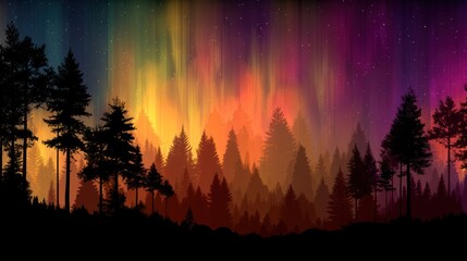 Silhouette of a mystical forest bathed in the vibrant hues of the aurora borealis.