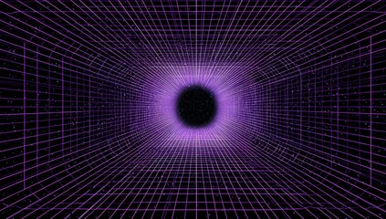 Abstract digital portal glowing with vibrant purple light in a futuristic grid tunnel representing technology and the unknown future