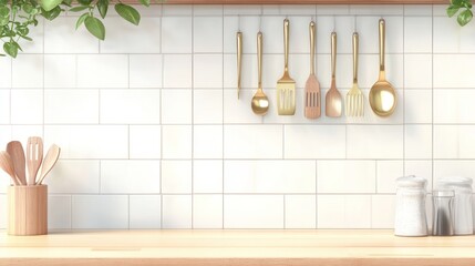 Modern kitchen utensils hang on white tile wall