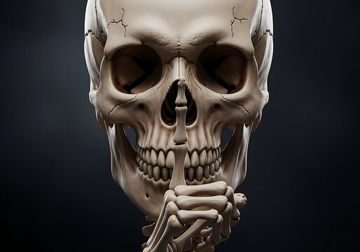 A solemn human skull places a skeletal finger over its mouth conveying a silent request for quiet or secrecy