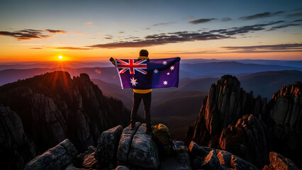 Person holding Australian flag on mountain peak at sunrise with dramatic sky and rocky landscape
