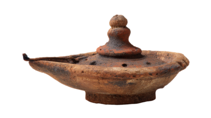 Ancient clay oil lamp rustic archaeological artifact traditional lighting object historical culture earthenware handmade antique vintage isolated studio photograph on white background