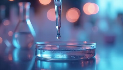 A pipette drops fluid into a petri dish in a lab setting. Scientific equipment like flasks are visible in blurred background with bokeh lights.