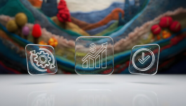 Visualize business success Transparent icons symbolize strategic process optimization, financial growth, and data acquisition against a vibrant, abstract background - Powered by Adobe
