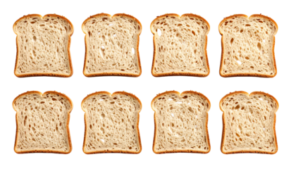 An assortment of eight meticulously rendered slices of freshly baked bread. Each slice is light-brown, and positioned against a stark black backdrop