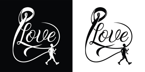 A black and white illustration featuring the word love intertwined with a runner, creating a powerful symbol of passion and dedication in sport