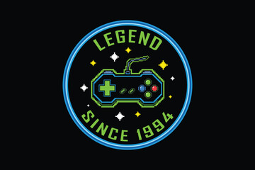 Retro gaming badge with controller and legend since 1994
