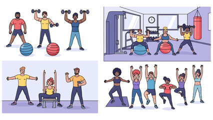 Diverse group of people engaged in various fitness activities and exercises, illustrating healthy lifestyle choices and physical wellness