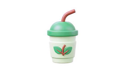 3D Cute 3D green cup with leaf logo and straw on transparent background
