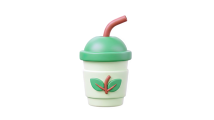 3D Cute 3D green cup with leaf logo and straw on transparent background