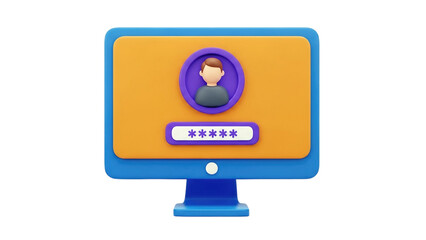 3D computer screen with user icon and password field on transparent background