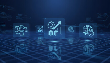 Digital transformation Strategic growth, data analytics, artificial intelligence, and global operations. Glowing icons on futuristic blue technology background