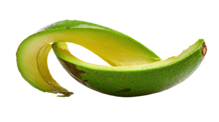 Fresh green avocado peel spiral isolated closeup showing natural texture healthy organic fruit food concept creative minimal composition on white background