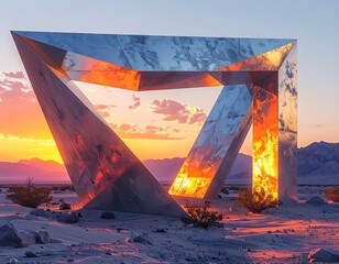 Large, geometric structure reflects a sunset amidst desert landscape