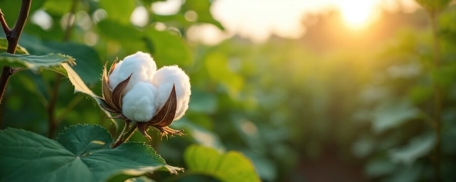 Close up fluffy white cotton boll growing on green plant stem. Lush farm field background with warm golden sunset light. Organic agriculture, natural fiber, textile material.