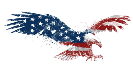 Flying eagle illustration with distressed American flag texture symbol of freedom patriotism independence power strength creative graphic art on white background