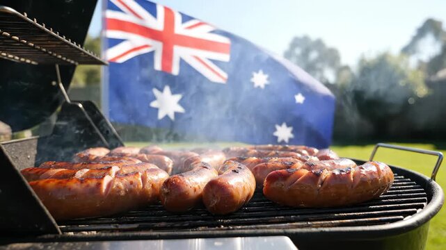 Australian Barbecue with Grilled Sausages and National Flag in Background