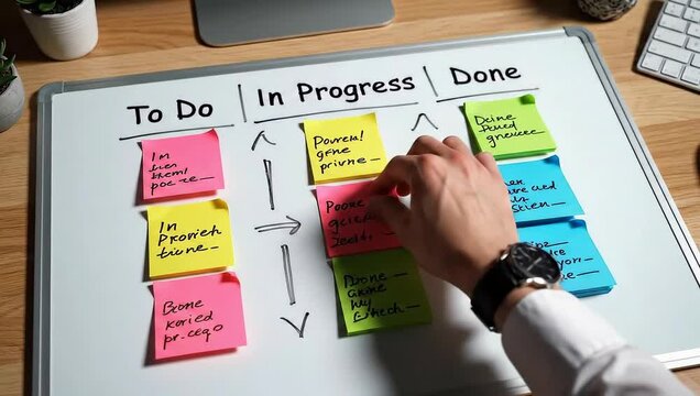 Kanban board with sticky notes showing project progress and workflow.