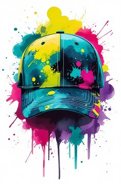 Vibrant baseball cap with colorful paint splatters on white background