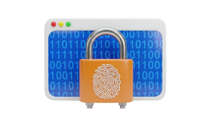 3D Digital security concept: padlock with fingerprint on binary code screen