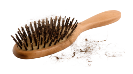 Wooden realistic detailed closeup hairbrush with tangled human hair showing hair loss problem grooming hygiene concept isolated studio illustration on white background