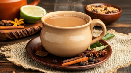 Fototapeta premium Warm Cup of Spiced Tea with Aromatic Herbs and Citrus Slice