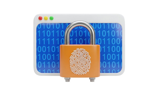 3D Digital security concept: padlock with fingerprint on binary code screen - Powered by Adobe