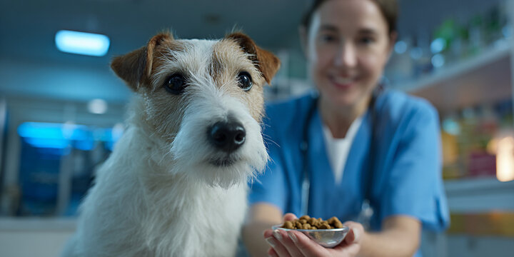 Dog with brown and white fur is being fed by a veterinarian in a clinic, showcasing care and compassion in a professional animal healthcare environment
