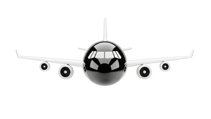 3D Front view of a modern black and white jet airplane on transparent background
