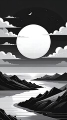 Serene grayscale landscape with a large moon, mountains, and a winding river under a cloudy night sky